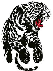 Obraz premium A tiger with a red tongue is leaping into the air