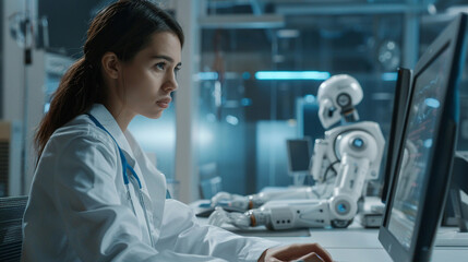 Side view doctor women using computer with AI artificial intelligence in modern medical technology and IOT automation.