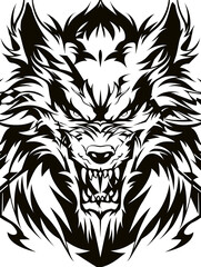 Fototapeta premium A black and white drawing of a wolf with a fierce expression and sharp teeth