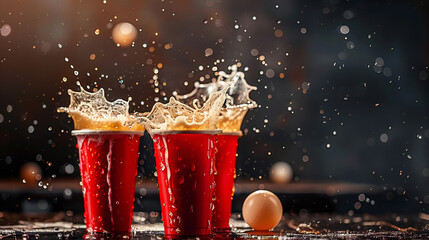 A beer pong shot hits the mark, causing beer to splash out of tree red cups