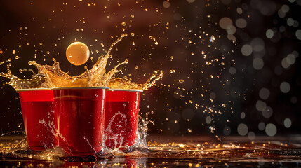 A beer pong ball splashes into a red cup, causing beer to spill out
