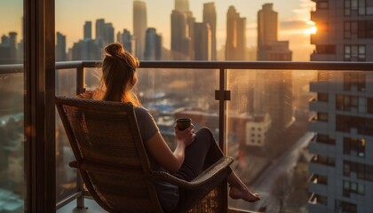 A woman sits in a lounge chair on the balcony of her apartment, enjoying the view of the busy city with a cup of coffee