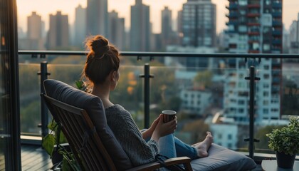 A woman sits in a lounge chair on the balcony of her apartment, enjoying the view of the busy city with a cup of coffee