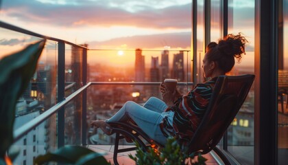 A woman sits in a lounge chair on the balcony of her apartment, enjoying the view of the busy city with a cup of coffee