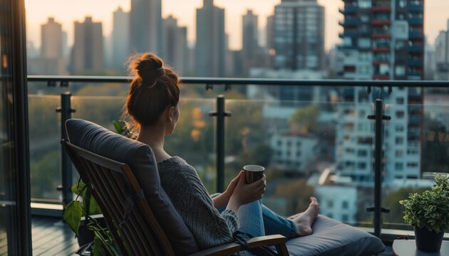 A woman sits in a lounge chair on the balcony of her apartment, enjoying the view of the busy city with a cup of coffee - Powered by Adobe
