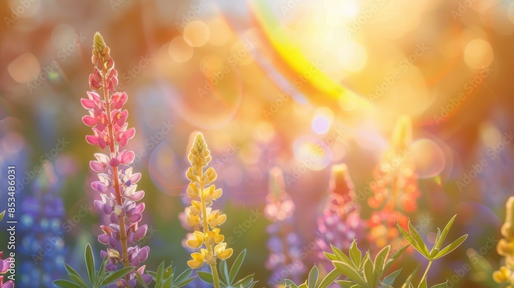 Poster close-up of colorful lupine flowers in sunlight, creating a vibrant scene with a soft, glowing bokeh