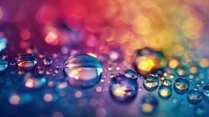 Close-up of vibrant water droplets on a surface, reflecting colorful light and surrounded by a dreamy bokeh background.