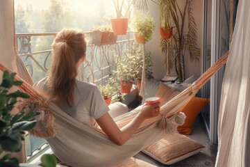 A woman relaxes on a small balcony hammock chair with potted plants