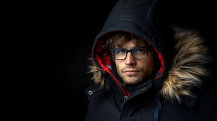 portrait of a man wearing winter clothes isolated against black background with copyspace