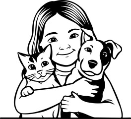 vector illustration of a girl hugging a dog and a cat
