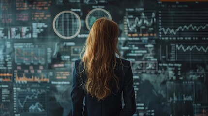 Businesswoman Analyzing Financial Data on Black Chalkboard with Graphs and Charts