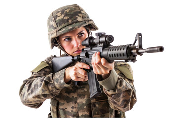Fototapeta premium A lady soldier is ready to shoot isolated on transparent background