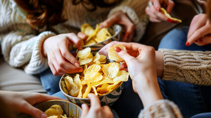 Closeup of friends' hands sharing potato chips from bowls, depicting social interaction and enjoyment.