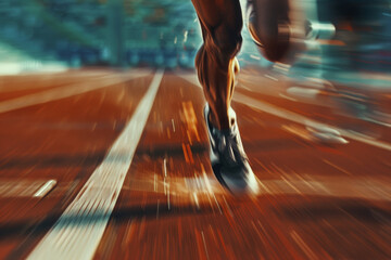 Fototapeta premium Close-up, track and field, sprinter's legs and torso at full speed, intense focus, motion blur, professional color grading, soft shadows, no contrast...