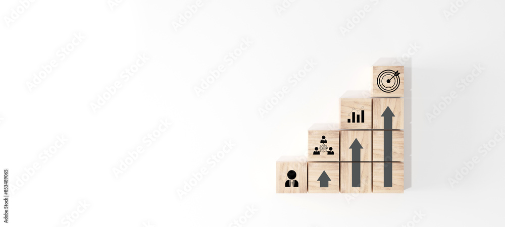 Wall mural woods block step on table with icon action plan, goal and target, success and business target concep