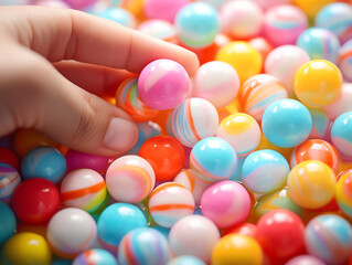 Close-up of a hand picking a colorful marble from a pile of vibrant, assorted marbles. The scene is bright and playful.
