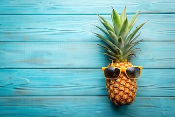 Pineapple with Sunglasses on a Blue Wooden Background.