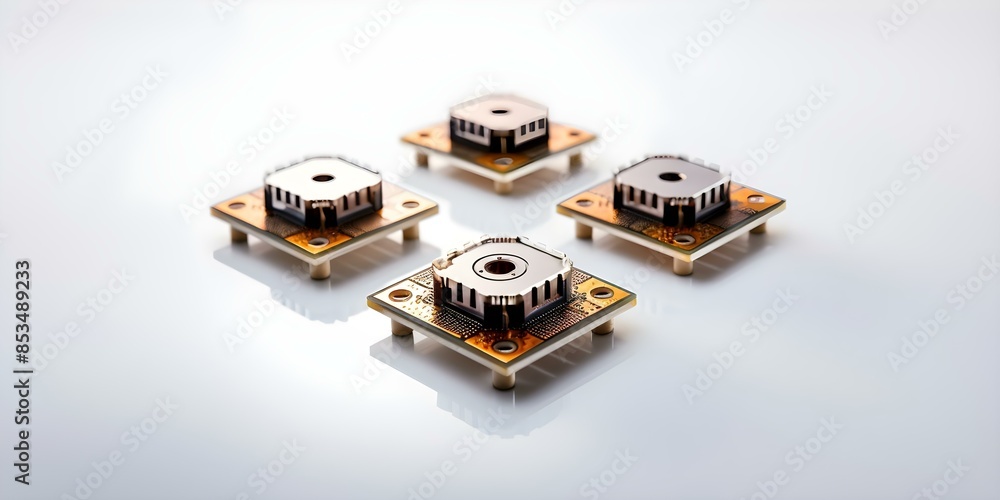 Poster tiny smart sensors for widespread use in computing on plain background. concept smart sensors, compu