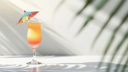 A tropical cocktail with a colorful umbrella garnish, set in a bright environment with shadows from palm leaves, perfect for a summer refreshment