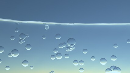 水面と気泡、炭酸水や清潔感や洗濯をイメージする水中の泡