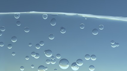 水面と気泡、炭酸水や清潔感や洗濯をイメージする水中の泡