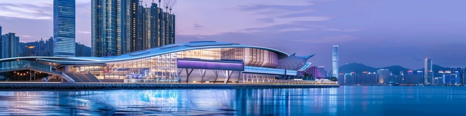 Fototapeta premium European Football Championship Stadium with 'Colorful Waves' Design, Featuring Ocean Blue Facade and White Roof, Illuminated at Night as a City Landmark, High-Resolution AI-Generated Wallpaper Backgro
