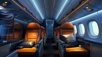 Fototapeta premium Empty passenger seats in cabin of the aircraft. Plane interior. Business class