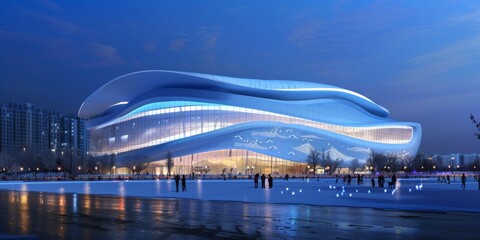 Obraz premium European Football Championship Stadium with 'Colorful Waves' Design, Featuring Ocean Blue Facade and White Roof, Illuminated at Night as a City Landmark, High-Resolution AI-Generated Wallpaper Backgro