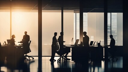 Silhouettes of Business People Working in Modern Office.