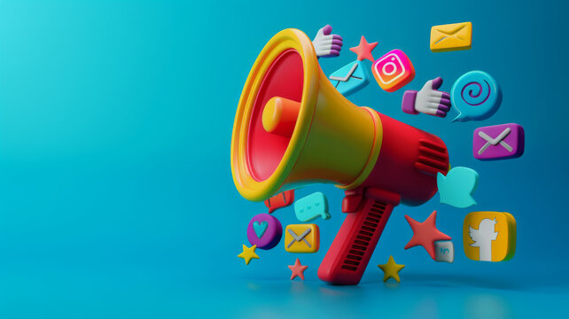 Vibrant  megaphone various marketing buzzwords like SEO social media  public relations Concept Marketing Trends
