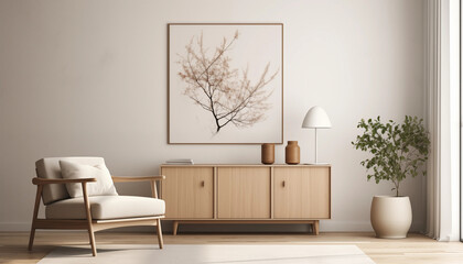 Elegant living room interior with wooden cabinet armchair lamp plant and artwork