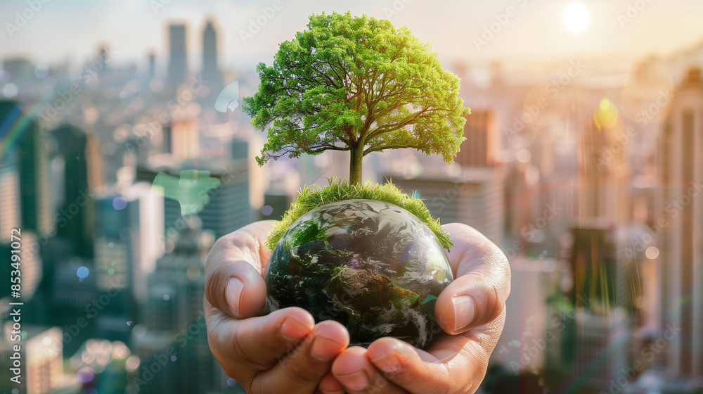 Poster a person is holding a globe with a tree inside of it. the globe is surrounded by a cityscape. concep