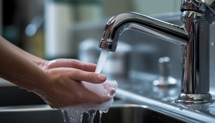 Woman washing her hands with soap and water to prevent the spread of germs and bacteria