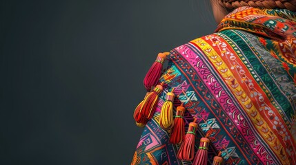 Close-up of a woman in traditional Peruvian attire, vibrant textiles, 3D rendering, space for text at the bottom,