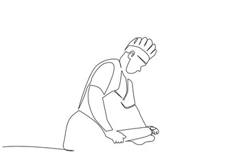 man professional chef kitchen pastry bread paste rolling one line art design vector