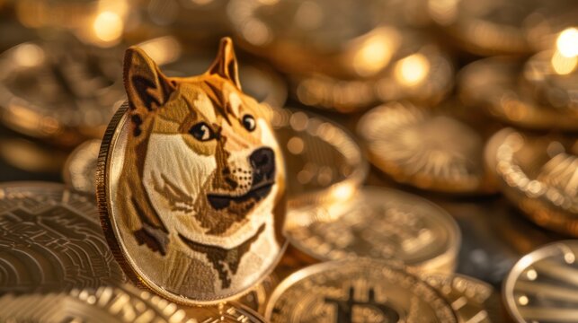 macro shot, Photo Gold coin dog face and bitcoin
