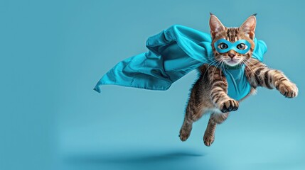 Fototapeta premium Adorable superhero tabby cat with blue cloak and mask, jumping on light blue backdrop, studio shot, digital painting, bright and colorful