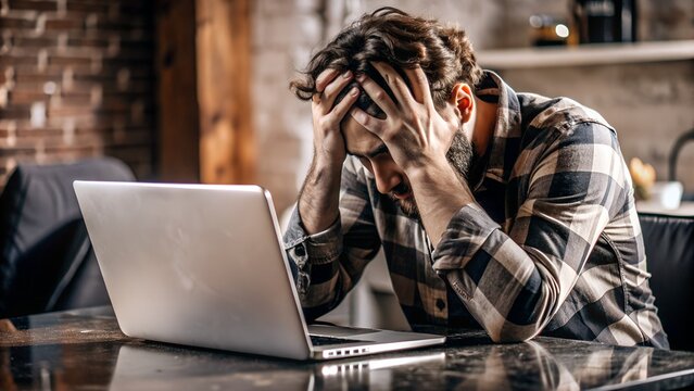 Frustrated Man Holding Head at Desk, In Front of Laptop, Wearing Shabby Clothes Due to Online Gambling Loss, Copy Space. Perfect for: Gambling Addiction Awareness, Financial Counseling Services.