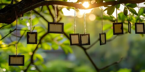 Family Tree Genealogy Symbolized by Empty Picture Frames Hung from Tree Branches. Concept Family Tree, Genealogy, Picture Frames, Tree Branches, Symbolism