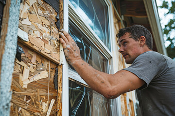 Man boarding up windows of home in preparation for hurricane or tornado