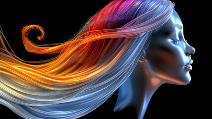 A woman's hair is shown in a very colorful and stylized way. The hair is long and flowing, and it is surrounded by a lot of different colors. Scene is very artistic and creative
