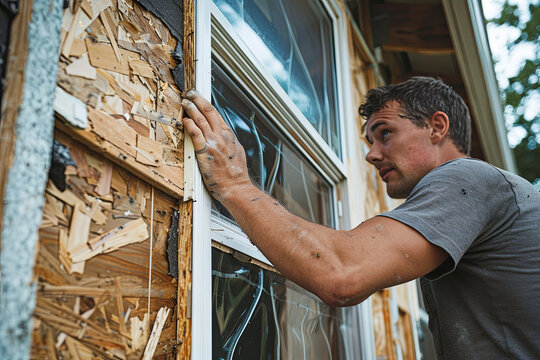 Man boarding up windows of home in preparation for hurricane or tornado