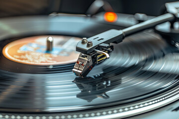 Close-up of record player spinning vinyl, playing music for recording purposes