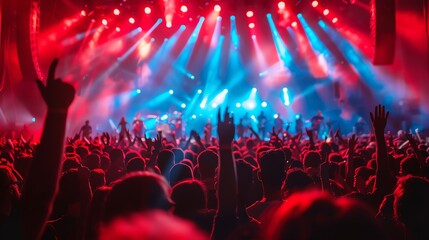 Crowd at a concert with raised hands and red and blue stage lights.