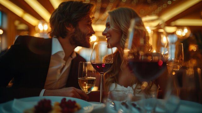 Couple dining in an upscale restaurant, blurred