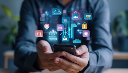 Obraz premium Digital marketing concept showing a man holding a smartphone, with a shopping cart icon floating on the digital background