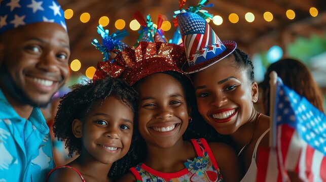 Happy Black family celebrating the 4th of July with American flags and festive hats.