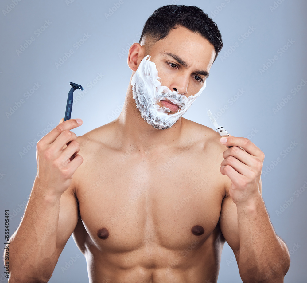 Sticker man, shaving and choice for razor in studio with skincare and confused for face transformation tools