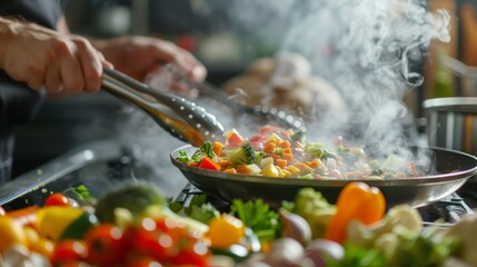 Cooking Meal with Skillet and Abundant Vegetables