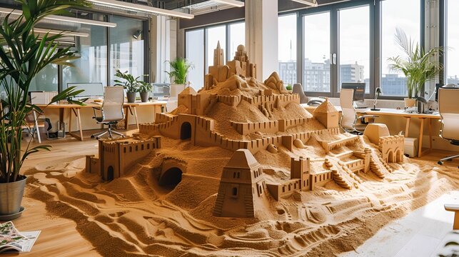An impressive sandcastle replica of a grand city stands in the middle of a modern office, blending creativity with a professional environment.